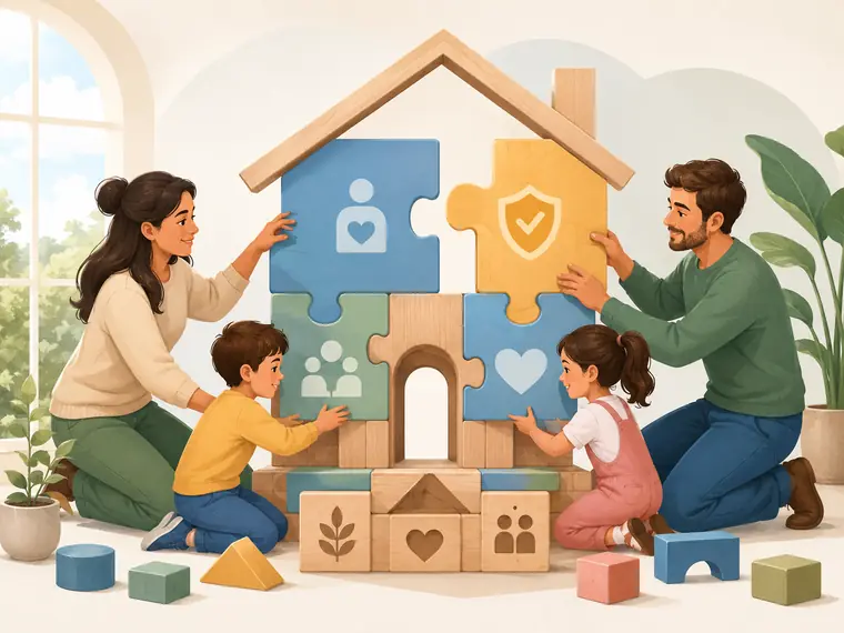 Keluarga menyusun puzzle rumah karakter