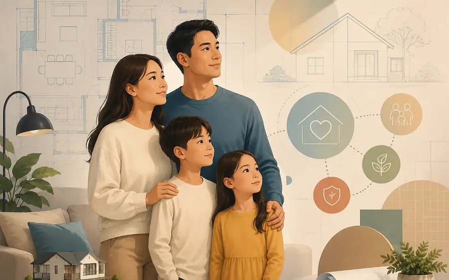 Keluarga melihat arah dan blueprint rumah
